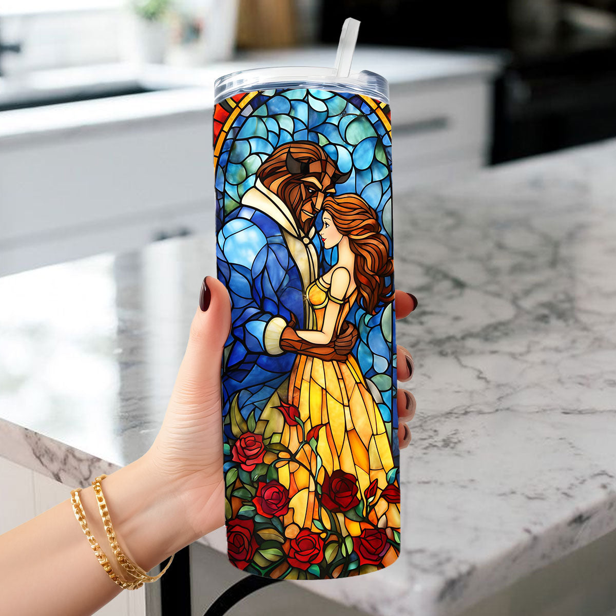 Beauty and the Beast Stained Glass Personalizable Tumbler
