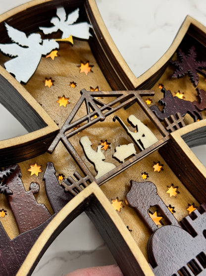 Nativity Scene Layered Wood Cross