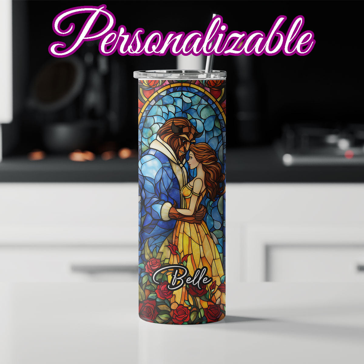 Beauty and the Beast Stained Glass Personalizable Tumbler