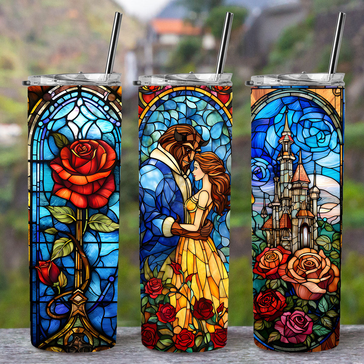 Beauty and the Beast Stained Glass Personalizable Tumbler