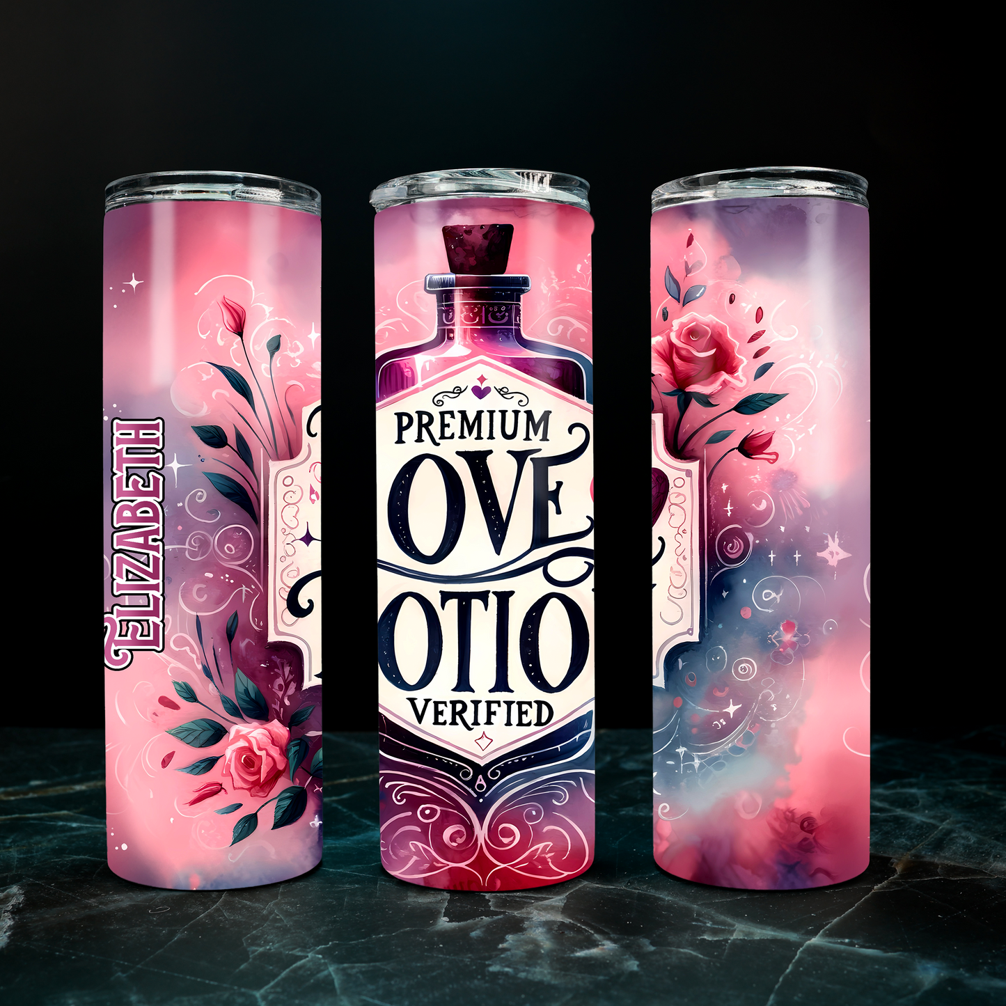 Personalizable Love Potion Tumbler – 20 oz or 30oz Skinny Stainless Steel Cup | Great Valentine's Day Gift for Her | Hot/Cold Insulated Cup