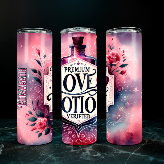 Personalizable Love Potion Tumbler – 20 oz or 30oz Skinny Stainless Steel Cup | Great Valentine's Day Gift for Her | Hot/Cold Insulated Cup