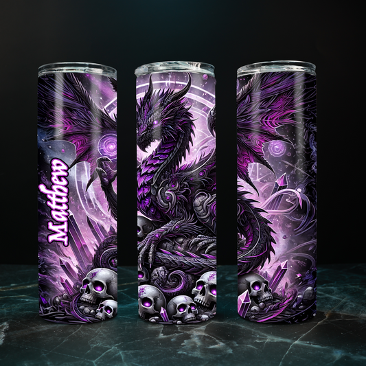 Personalizable Gothic Dragon with Skulls Steel Tumbler with Straw |  Bookish Drinkware | Dragon Glow in the Dark Cup