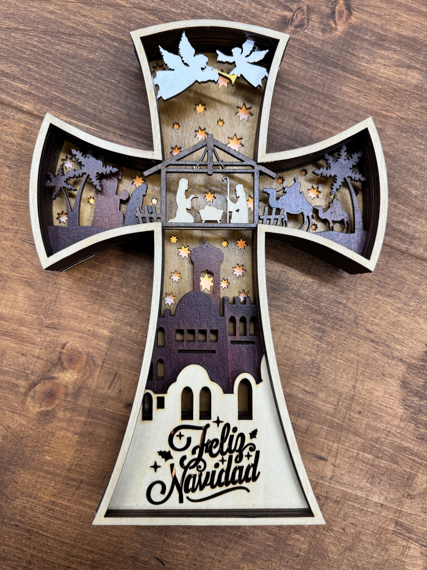 Nativity Scene Layered Wood Cross