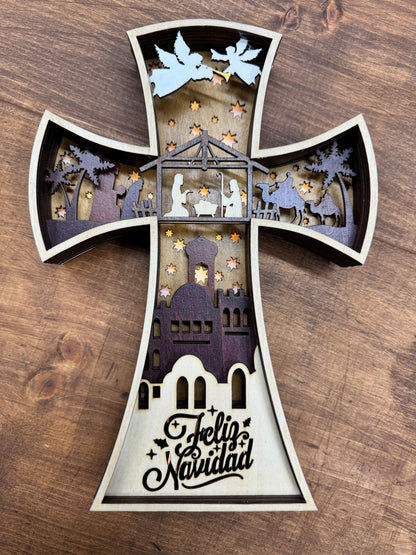 Nativity Scene Layered Wood Cross