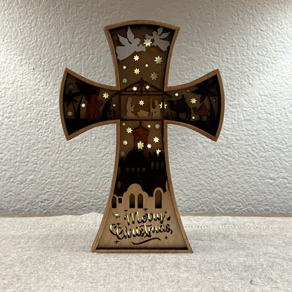 Nativity Scene Layered Wood Cross