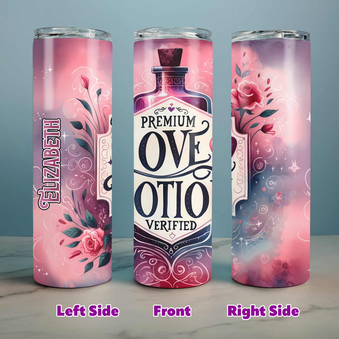 Personalizable Love Potion Tumbler – 20 oz or 30oz Skinny Stainless Steel Cup | Great Valentine's Day Gift for Her | Hot/Cold Insulated Cup
