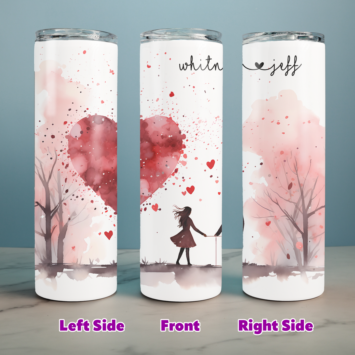 Personalizable Romantic Heart Silhouette Tumbler with straw – 20 oz Skinny Stainless Steel Cup|  Valentine's Day Gift for Her |