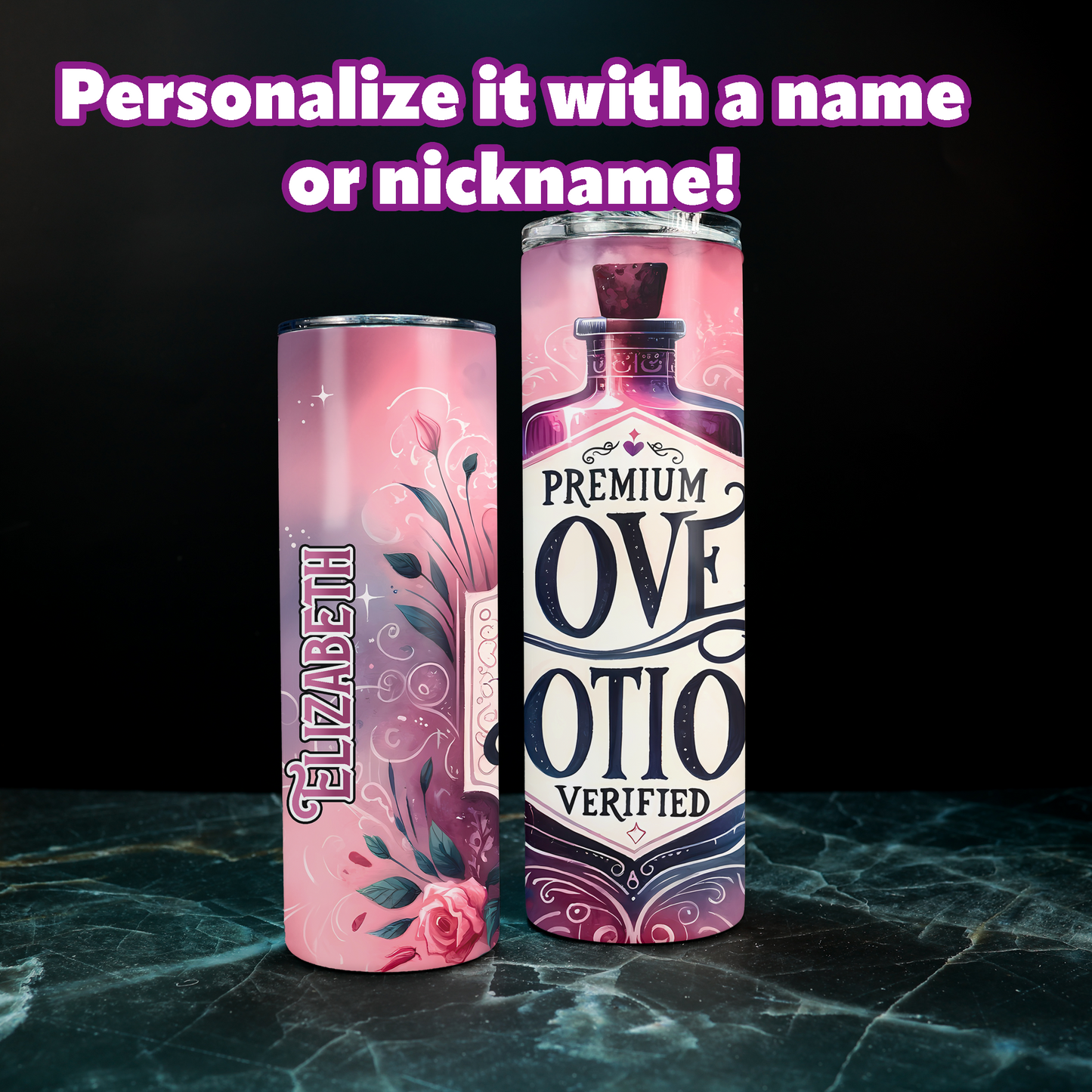 Personalizable Love Potion Tumbler – 20 oz or 30oz Skinny Stainless Steel Cup | Great Valentine's Day Gift for Her | Hot/Cold Insulated Cup