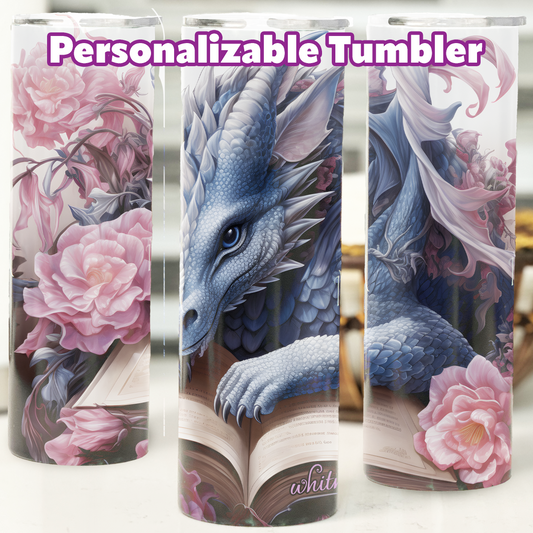 Personalizable Blue Book Dragon in Roses Stainless Steel Tumbler with Straw |  Bookish Drinkware