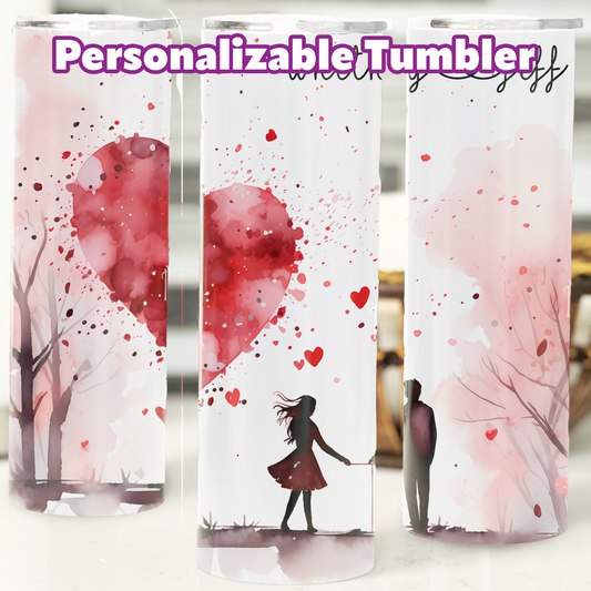 Personalizable Romantic Heart Silhouette Tumbler with straw – 20 oz Skinny Stainless Steel Cup|  Valentine's Day Gift for Her |
