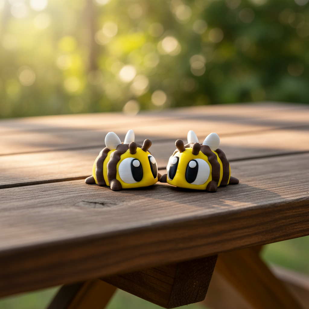 Flexi Bees on picnic table with depth of field