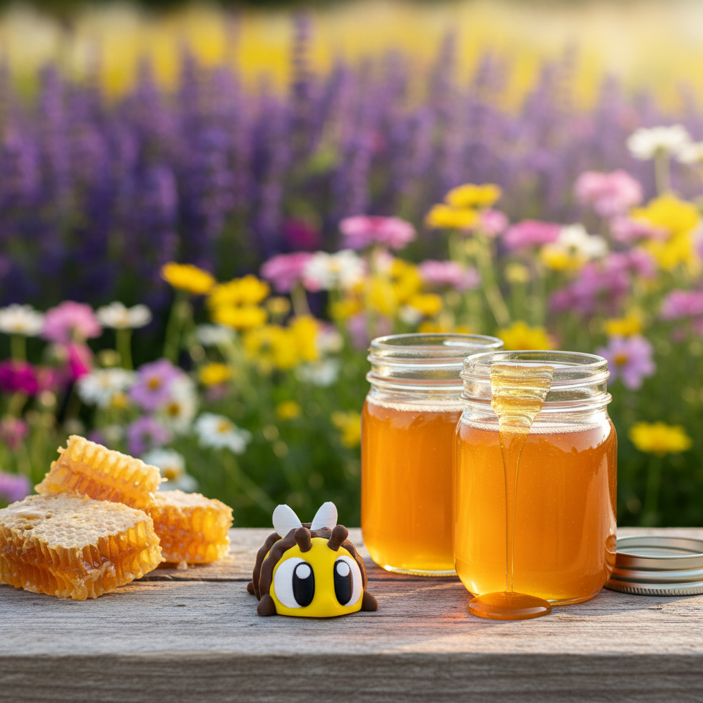 Single Flexi Bee with honey jars and honeycomb